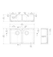 Nuie 795mm x 500mm x 220mm Fireclay White 1 Tap Hole Double Bowl Butler Sink With Full Weir And Overflow (BU131AF32D) line drawing
