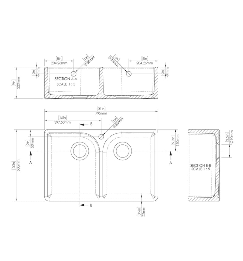 Nuie 795mm x 500mm x 220mm Fireclay White 1 Tap Hole Double Bowl Butler Sink With Full Weir And Overflow (BU131AF32D) line drawing