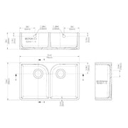 Nuie 795mm x 500mm x 220mm Fireclay White Double Bowl Butler Sink With Full Weir And Overflow (BU121AF32D) line drawing