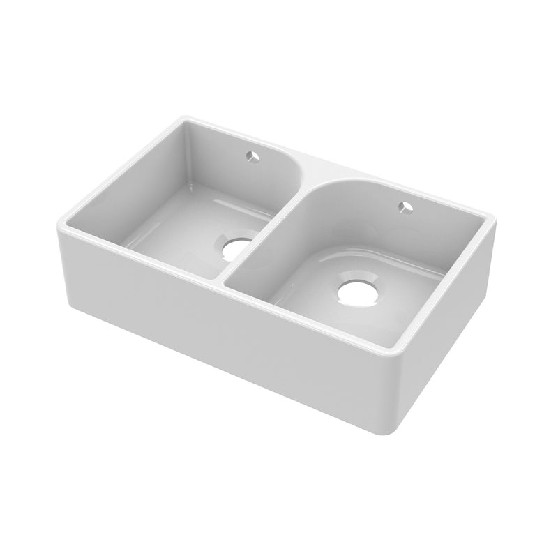 Nuie 795mm x 500mm x 220mm Fireclay White Double Bowl Butler Sink With Full Weir And Overflow (BU121AF32D)