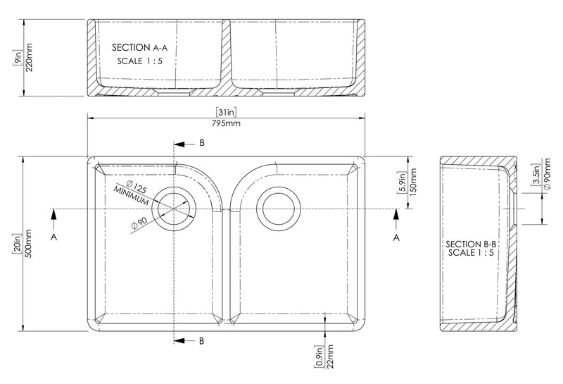 Nuie 795mm x 500mm x 220mm Fireclay White Double Bowl Butler Sink With Offset Waste And Full Weir (BU120AF32D) line drawing
