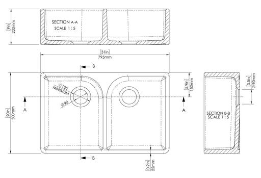 Nuie 795mm x 500mm x 220mm Fireclay White Double Bowl Butler Sink With Offset Waste And Full Weir (BU120AF32D) line drawing
