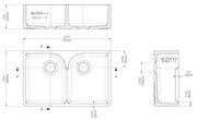 Nuie 795mm x 500mm x 220mm Fireclay White Double Bowl Butler Sink With Offset Waste And Stepped Weir (BU120AS32D) line drawing
