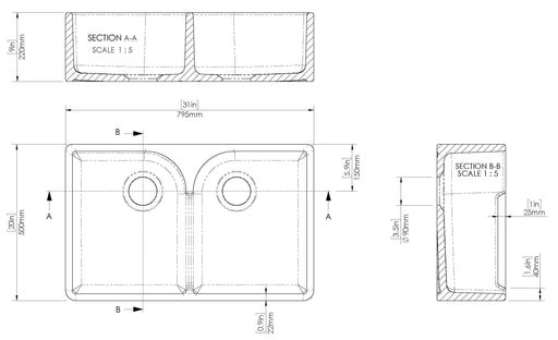 Nuie 795mm x 500mm x 220mm Fireclay White Double Bowl Butler Sink With Offset Waste And Stepped Weir (BU120AS32D) line drawing
