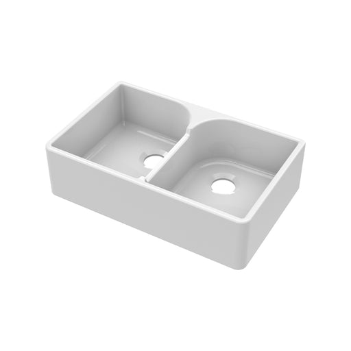 Nuie 795mm x 500mm x 220mm Fireclay White Double Bowl Butler Sink With Offset Waste And Stepped Weir (BU120AS32D)