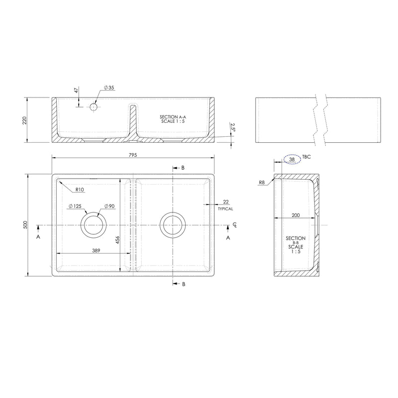 Nuie 795mm x 500mm x 220mm Fireclay White Double Bowl Butler Sink With Stepped Weir And Overflow (BU111AS32D) line drawing