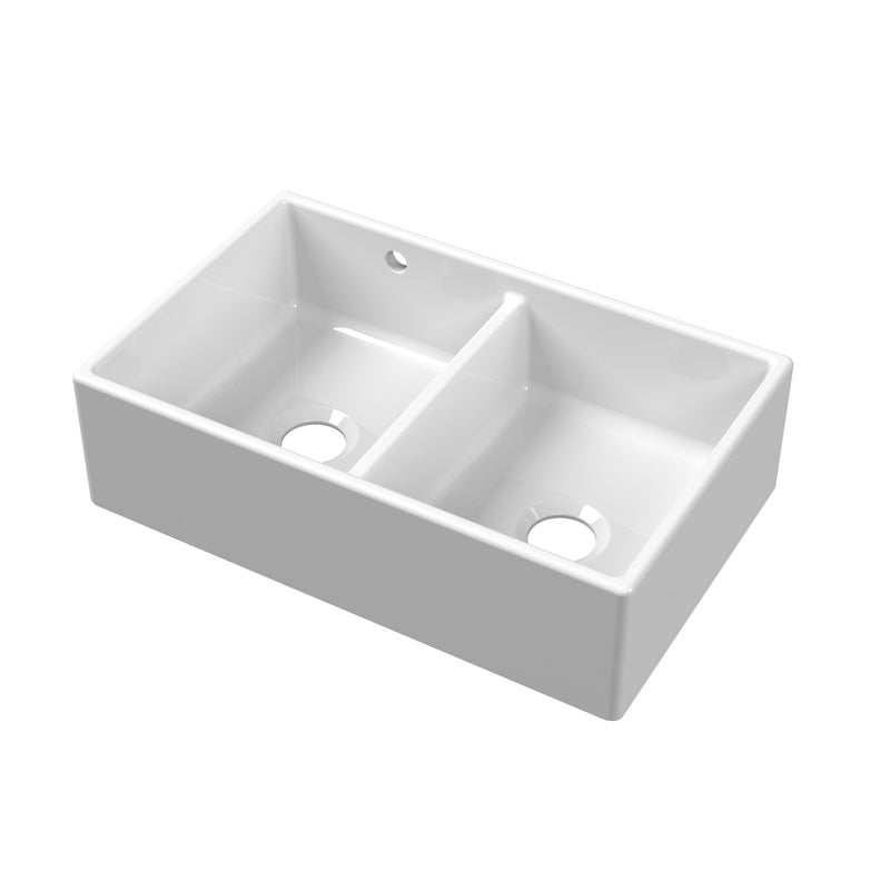 Nuie 795mm x 500mm x 220mm Fireclay White Double Bowl Butler Sink With Stepped Weir And Overflow (BU111AS32D)