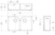 Nuie 795mm x 500mm x 220mm Fireclay White Double Bowl Butler Sink With Stepped Weir And Overflow (BU121AS32D) line drawing