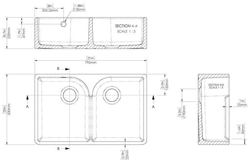Nuie 795mm x 500mm x 220mm Fireclay White Double Bowl Butler Sink With Stepped Weir And Overflow (BU121AS32D) line drawing