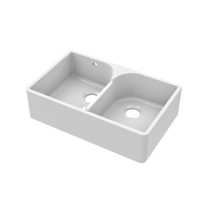 Nuie 795mm x 500mm x 220mm Fireclay White Double Bowl Butler Sink With Stepped Weir And Overflow (BU121AS32D)