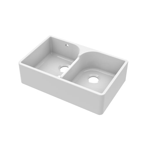 Nuie 795mm x 500mm x 220mm Fireclay White Double Bowl Butler Sink With Stepped Weir And Overflow (BU121AS32D)