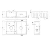 Nuie 795mm x 500mm x 220mm Fireclay White Double Bowl Fluted Butler Sink With Central Wastes And Overflow (BUF111AS32D) line drawing