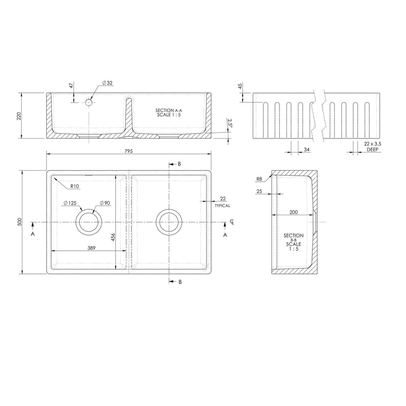 Nuie 795mm x 500mm x 220mm Fireclay White Double Bowl Fluted Butler Sink With Central Wastes And Overflow (BUF111AS32D) line drawing