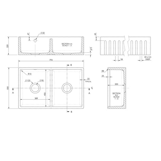 Nuie 795mm x 500mm x 220mm Fireclay White Double Bowl Fluted Butler Sink With Central Wastes And Overflow (BUF111AS32D) line drawing
