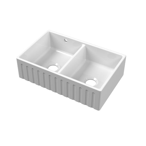Nuie 795mm x 500mm x 220mm Fireclay White Double Bowl Fluted Butler Sink With Central Wastes And Overflow (BUF111AS32D)