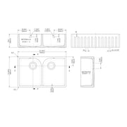 Nuie 795mm x 500mm x 220mm Fireclay White Double Bowl Fluted Butler Sink With Full Weir, Central Wastes And Overflows (BUF121AF32D) line drawing
