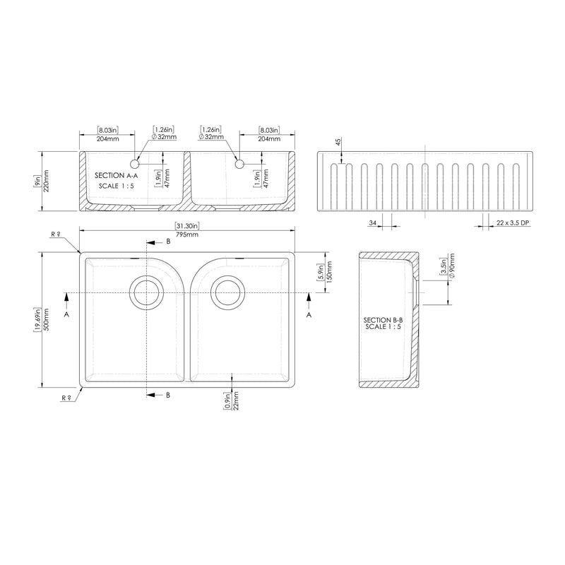 Nuie 795mm x 500mm x 220mm Fireclay White Double Bowl Fluted Butler Sink With Full Weir, Central Wastes And Overflows (BUF121AF32D) line drawing