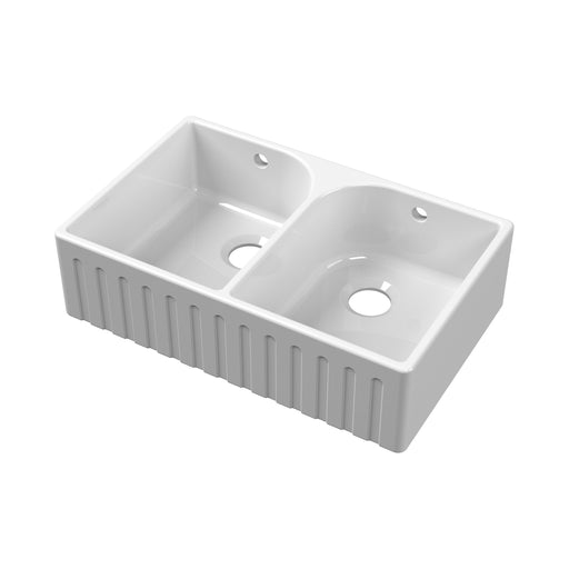 Nuie 795mm x 500mm x 220mm Fireclay White Double Bowl Fluted Butler Sink With Full Weir, Central Wastes And Overflows (BUF121AF32D)