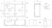 Nuie 795mm x 500mm x 220mm Fireclay White Double Bowl Traditional Thick Walled Butler Sink (BU171AS32D) line drawing