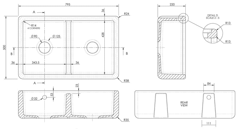 Nuie 795mm x 500mm x 220mm Fireclay White Double Bowl Traditional Thick Walled Butler Sink (BU171AS32D) line drawing
