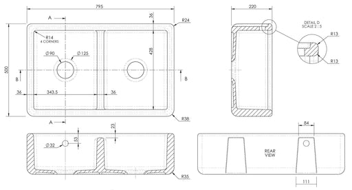 Nuie 795mm x 500mm x 220mm Fireclay White Double Bowl Traditional Thick Walled Butler Sink (BU171AS32D) line drawing