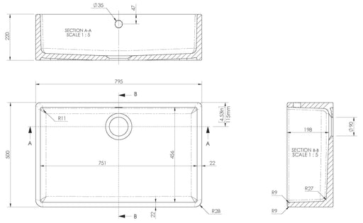 Nuie 795mm x 500mm x 220mm Fireclay White Single Bowl Butler Sink With Offset Waste And Overflow (BU10132) line drawing