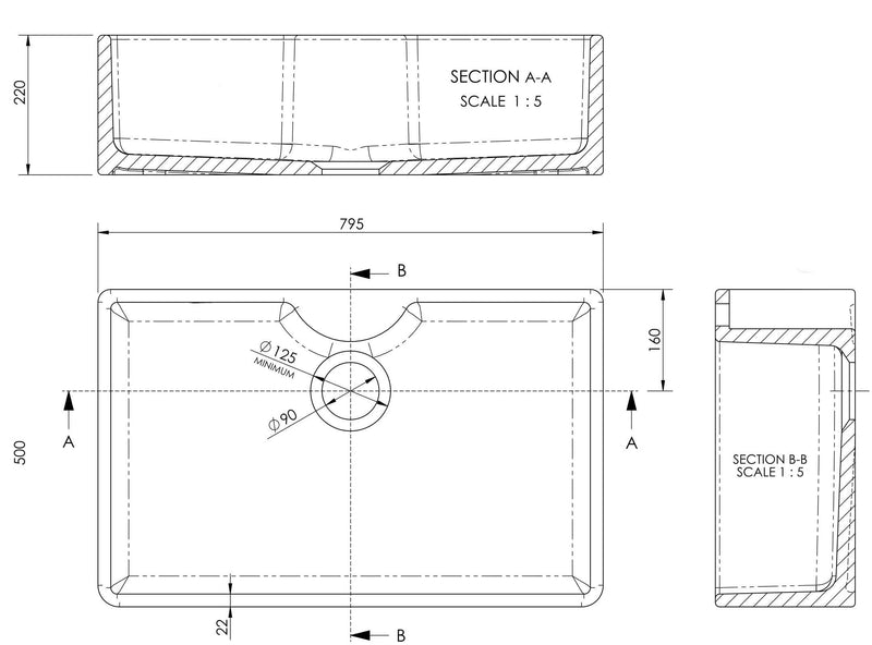 Nuie 795mm x 500mm x 220mm Fireclay White Single Bowl Butler Sink With Offset Waste And Tap Ledge (BU12032) line drawing