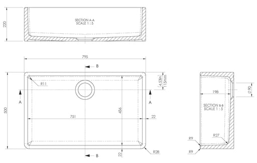 Nuie 795mm x 500mm x 220mm Fireclay White Single Bowl Butler Sink With Offset Waste (BU10032) line drawing
