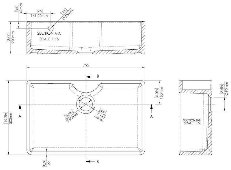 Nuie 795mm x 500mm x 220mm Fireclay White Single Bowl Butler Sink With Tap Ledge And Overflow (BU12132) line drawing
