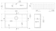 Nuie 795mm x 500mm x 220mm Fireclay White Single Bowl Fluted Butler Sink With Offset Waste And Overflow (BUF10132) line drawing