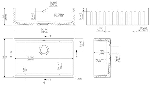 Nuie 795mm x 500mm x 220mm Fireclay White Single Bowl Fluted Butler Sink With Offset Waste And Overflow (BUF10132) line drawing