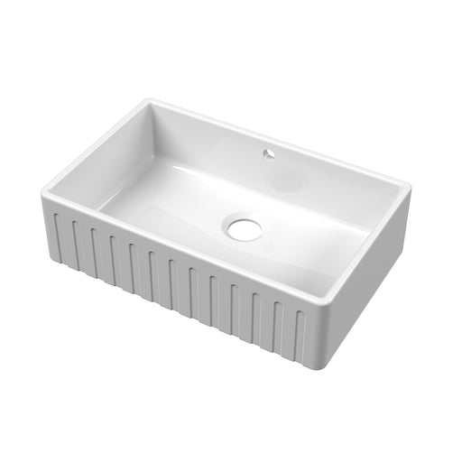 Nuie 795mm x 500mm x 220mm Fireclay White Single Bowl Fluted Butler Sink With Offset Waste And Overflow (BUF10132)