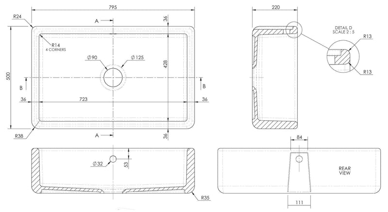 Nuie 795mm x 500mm x 220mm Fireclay White Single Bowl Traditional Thick Walled Butler Sink (BU17132) line drawing