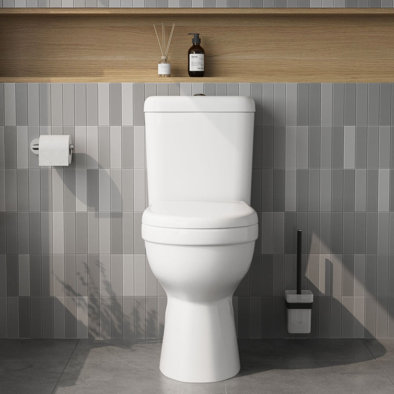 Nuie 860mm comfort height close coupled toilet in a contemporary bathroom