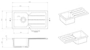 Nuie 865mm x 435mm Fireclay White Single Bowl Compact Countertop Drainer Sink (CT11TC865) line drawing