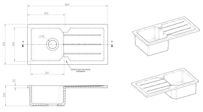 Nuie 865mm x 435mm Fireclay White Single Bowl Compact Countertop Drainer Sink (CT11TC865) line drawing