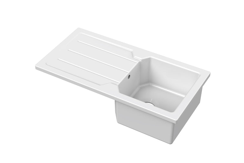Nuie 865mm x 435mm Fireclay White Single Bowl Compact Countertop Drainer Sink (CT11TC865)