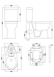 Nuie 870mm comfort height close coupled toilet line drawing with dimensions
