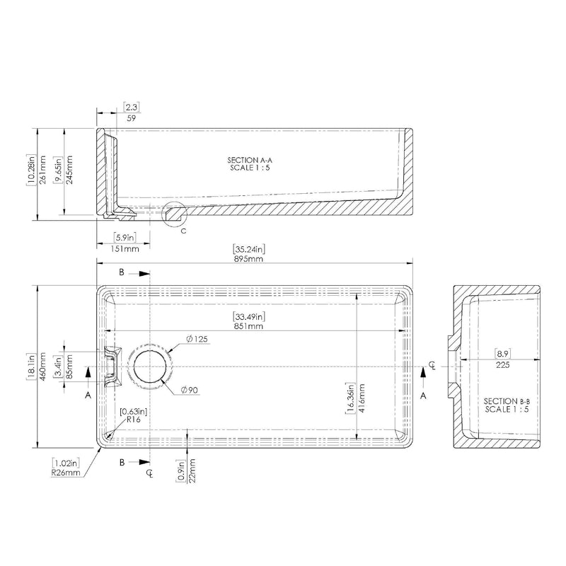 Nuie 895mm x 460mm x 245mm Fireclay White Single Bowl Belfast Sink With Offset Waste And Weir Overflow (BE10036) line drawing