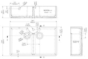 Nuie 895mm x 550mm x 220mm Fireclay White 1 Tap Hole Double Bowl Butler Sink With Stepped Weir And Overflow (BU131AS36D) line drawing