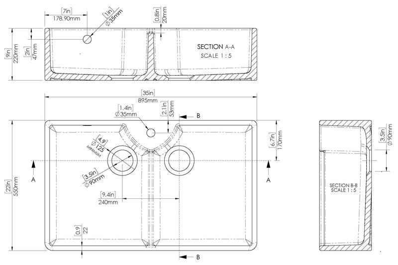 Nuie 895mm x 550mm x 220mm Fireclay White 1 Tap Hole Double Bowl Butler Sink With Stepped Weir And Overflow (BU131AS36D) line drawing