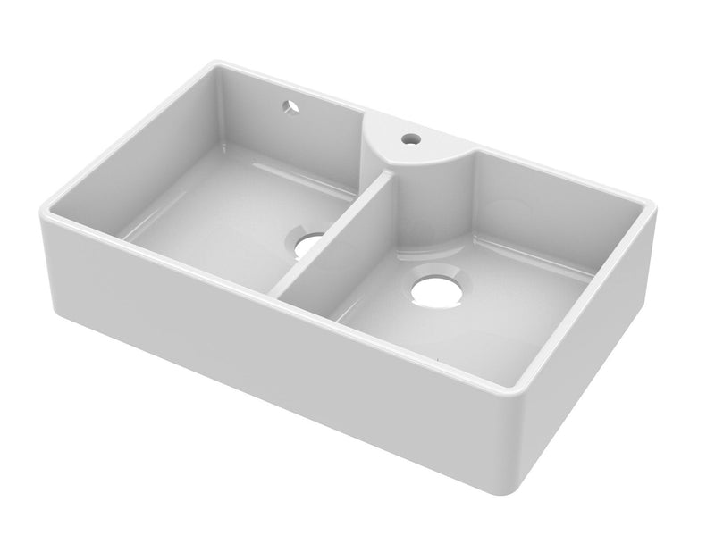 Nuie 895mm x 550mm x 220mm Fireclay White 1 Tap Hole Double Bowl Butler Sink With Stepped Weir And Overflow (BU131AS36D)