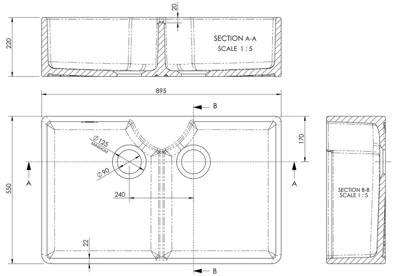 Nuie 895mm x 550mm x 220mm Fireclay White Double Bowl Butler Sink With Stepped Weir And Tap Ledge (BU120AS36D) line drawing