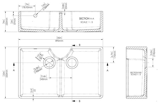 Nuie 895mm x 550mm x 220mm Fireclay White Double Bowl Butler Sink With Stepped Weir And Tap Ledge (BU121AS36D) line drawing