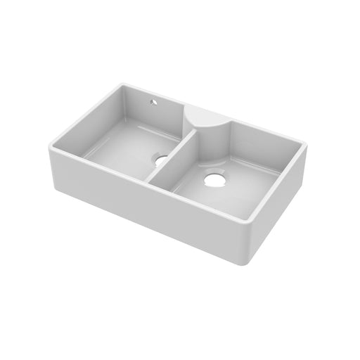 Nuie 895mm x 550mm x 220mm Fireclay White Double Bowl Butler Sink With Stepped Weir And Tap Ledge (BU121AS36D)