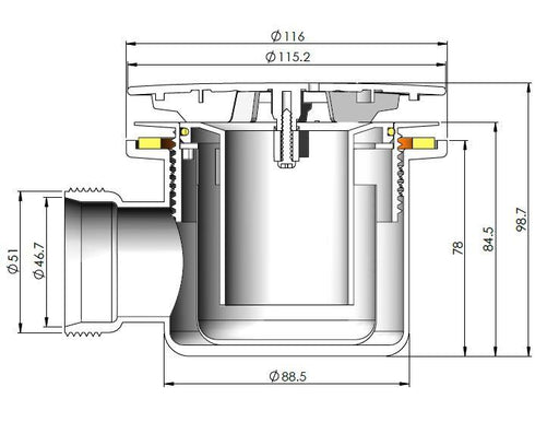 Nuie 90mm Fast Flow Shower Waste Brushed Brass with Black Base (STW006) line drawing