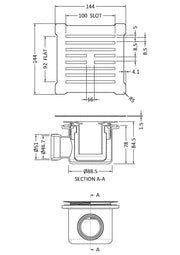 Nuie 90mm Fast Flow Shower Waste Brushed Brass with Grid (STW006S) line drawing
