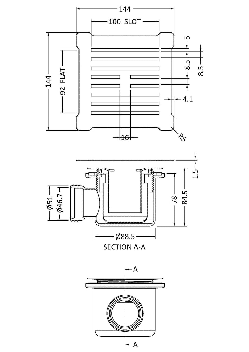 Nuie 90mm Fast Flow Shower Waste Brushed Brass with Grid (STW006S) line drawing