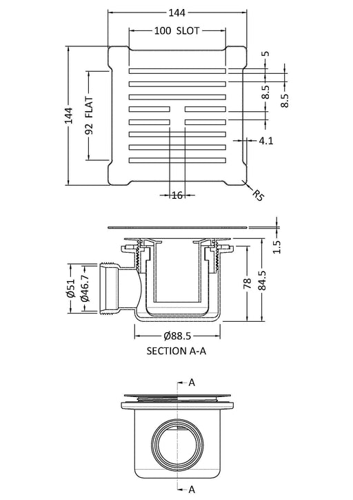 Nuie 90mm Fast Flow Shower Waste Brushed Brass with Grid (STW006S) line drawing