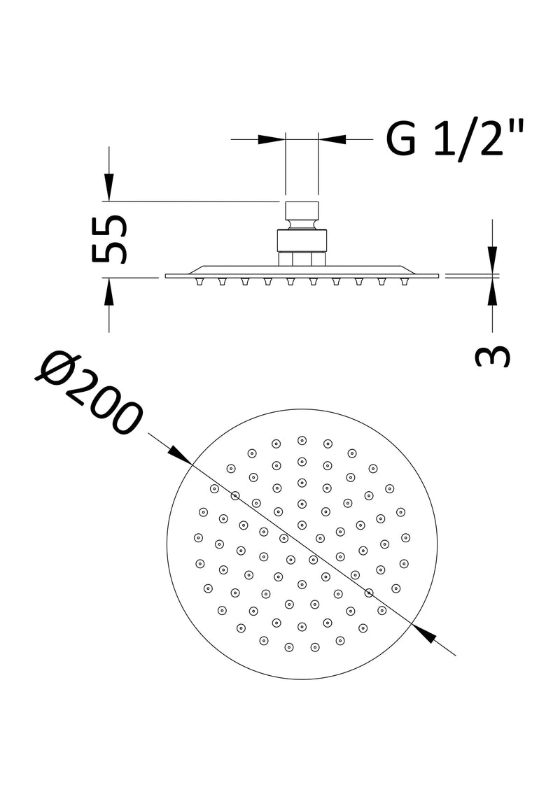 Nuie 200mm Round Brushed Bronze Fixed Shower Head dimensions line drawing